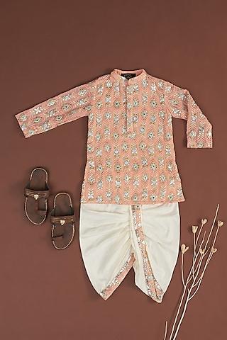 peach embroidered kurta set for boys