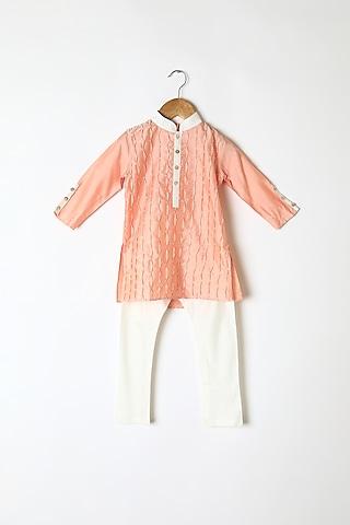 peach embroidered kurta set for boys