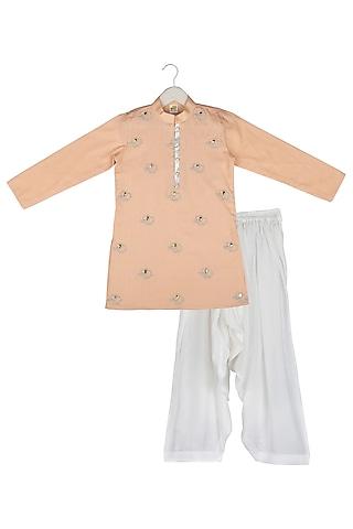 peach embroidered kurta set for boys