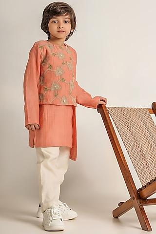 peach embroidered kurta set for boys