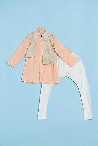 peach embroidered kurta set with embroidered jacket for boys