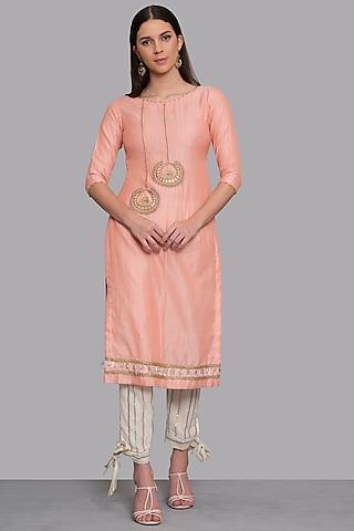 peach embroidered kurta set