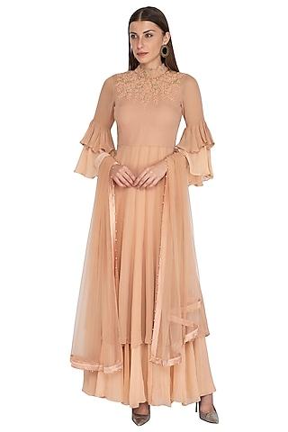 peach embroidered layered anarkali set