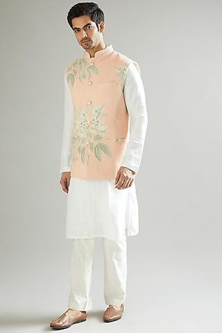 peach embroidered nehru jacket