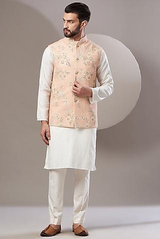 peach embroidered nehru jacket