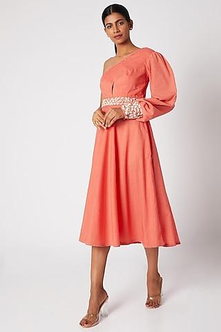 peach embroidered one shoulder dress