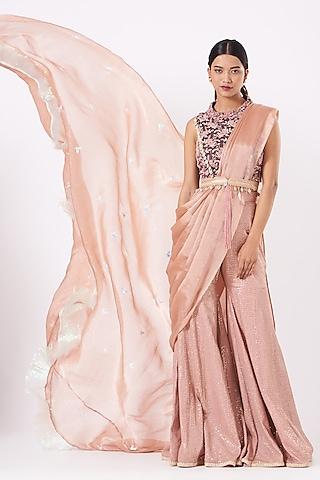 peach embroidered palazzo pant saree set