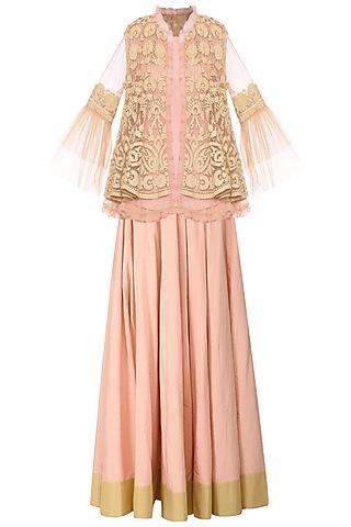 peach embroidered peplum jacket with crop top and lehenga skirt