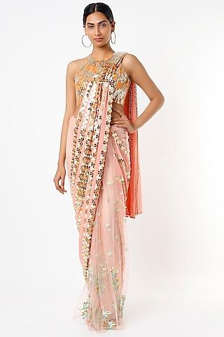 peach embroidered pre-stitched saree set