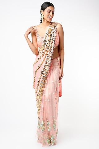 peach embroidered pre-stitched saree set