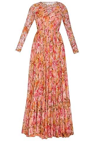 peach embroidered printed anarkali with drape & belt