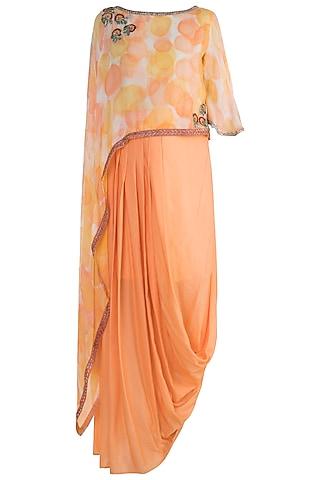 peach embroidered printed asymmetrical top with draped skirt