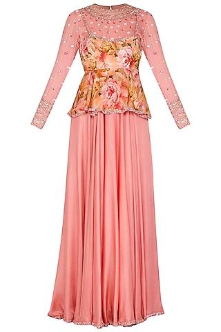 peach embroidered printed peplum anarkali with drape & belt