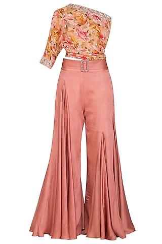 peach embroidered printed top with palazzo pants, drape & belt