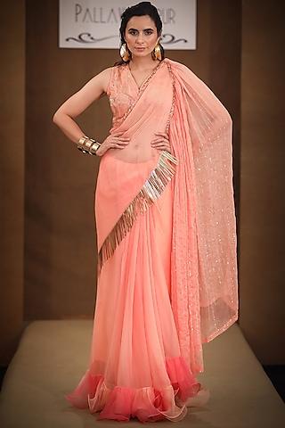 peach embroidered saree set