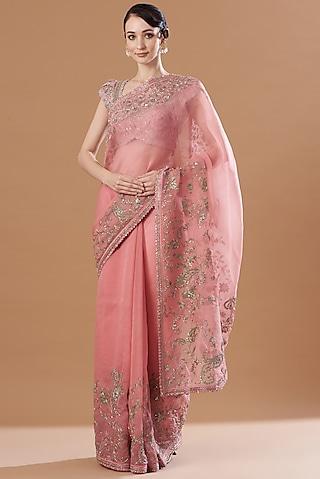 peach embroidered saree set