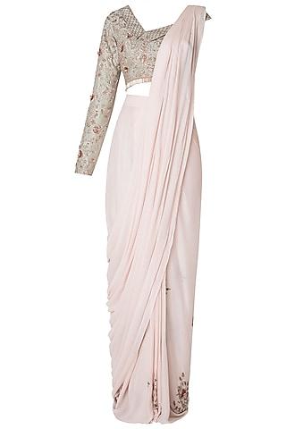 peach embroidered saree with one side off shoulder blouse