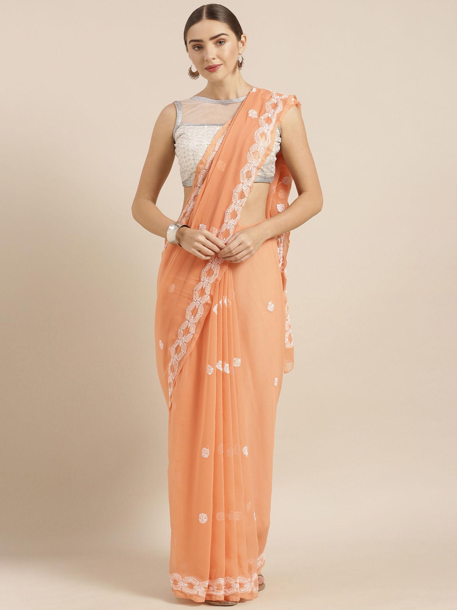 peach embroidered saree with unstitched blouse (a129558)