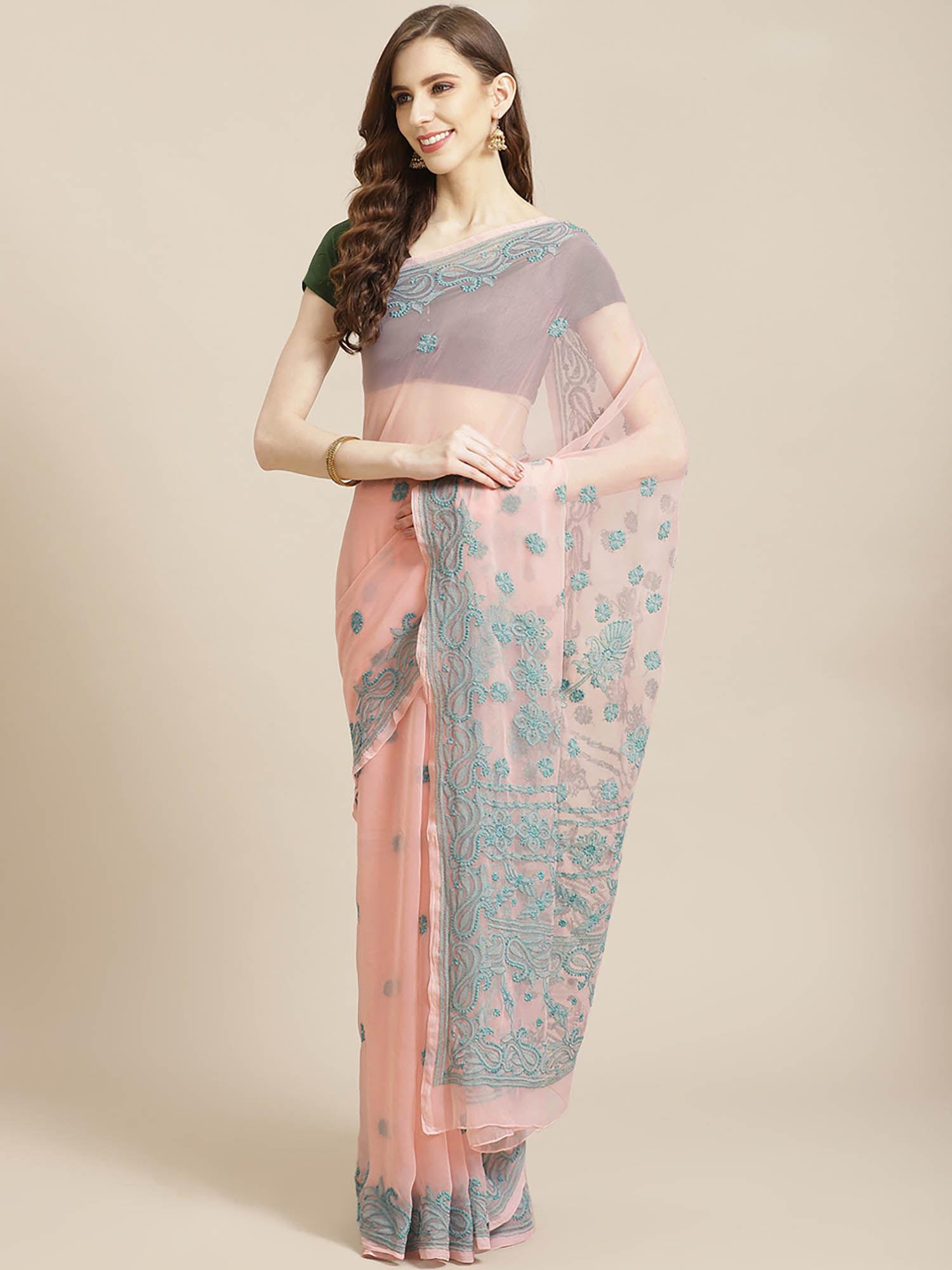 peach embroidered saree with unstitched blouse (a311195)