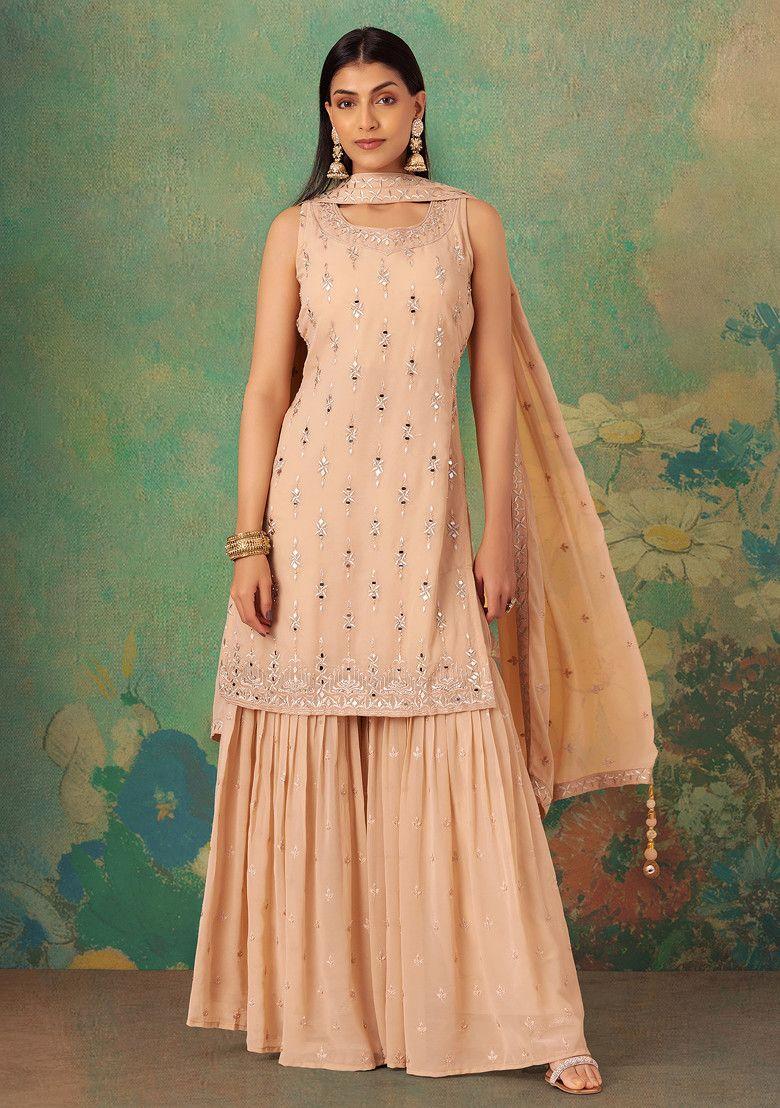 peach embroidered sharara set with floral mirror embroidered kurta and dupatta