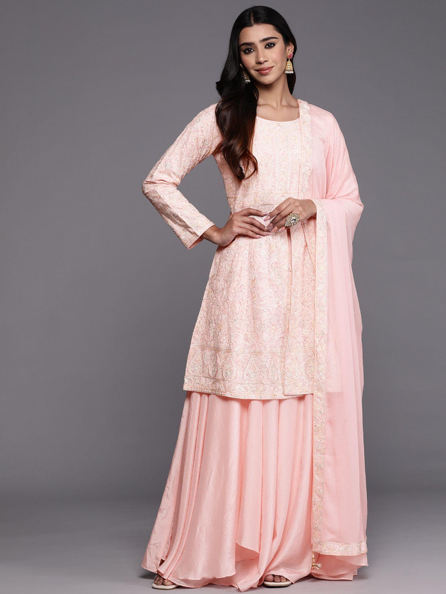 peach embroidered silk blend kurta with palazzo and dupatta (set of 3)