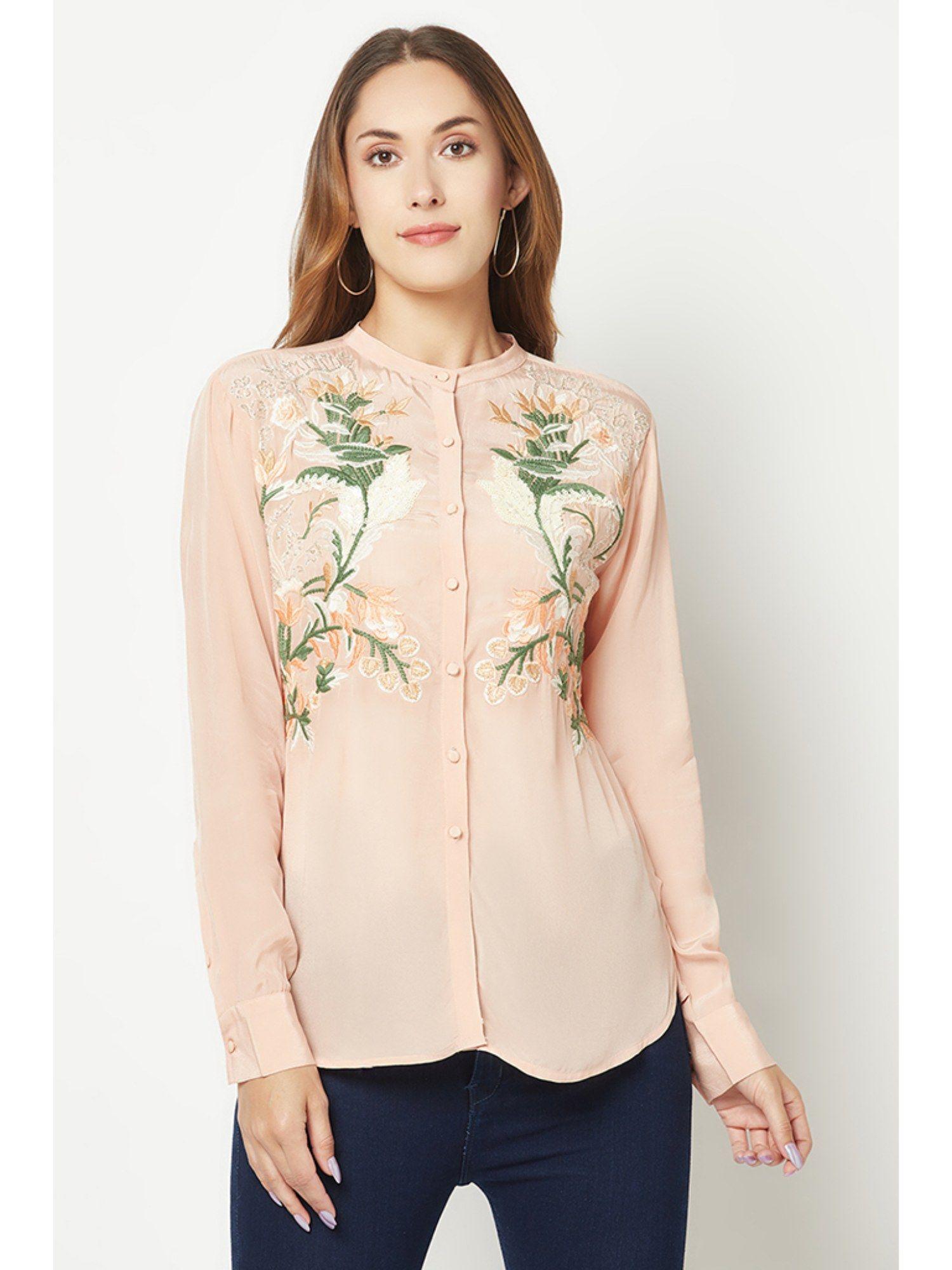 peach embroidered silk shirt