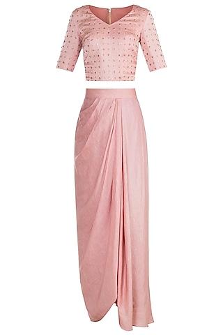 peach embroidered top with drape skirt & dupatta
