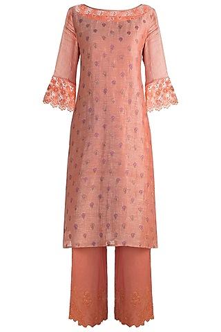 peach embroidered tunic set