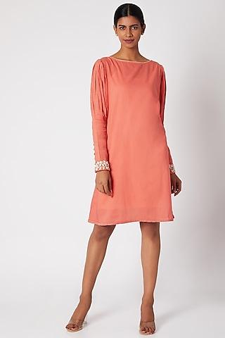 peach embroidered tunic with pleated sleeves