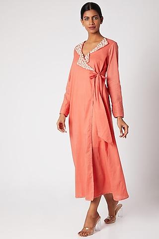 peach embroidered wrap dress