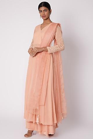 peach embroidered wrap tunic set