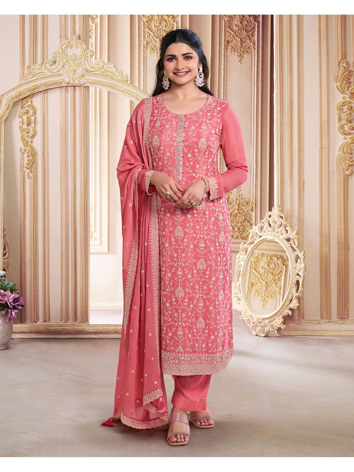 peach embroidery chiffon straight kurta with pant and embroidery dupatta (set of 3)