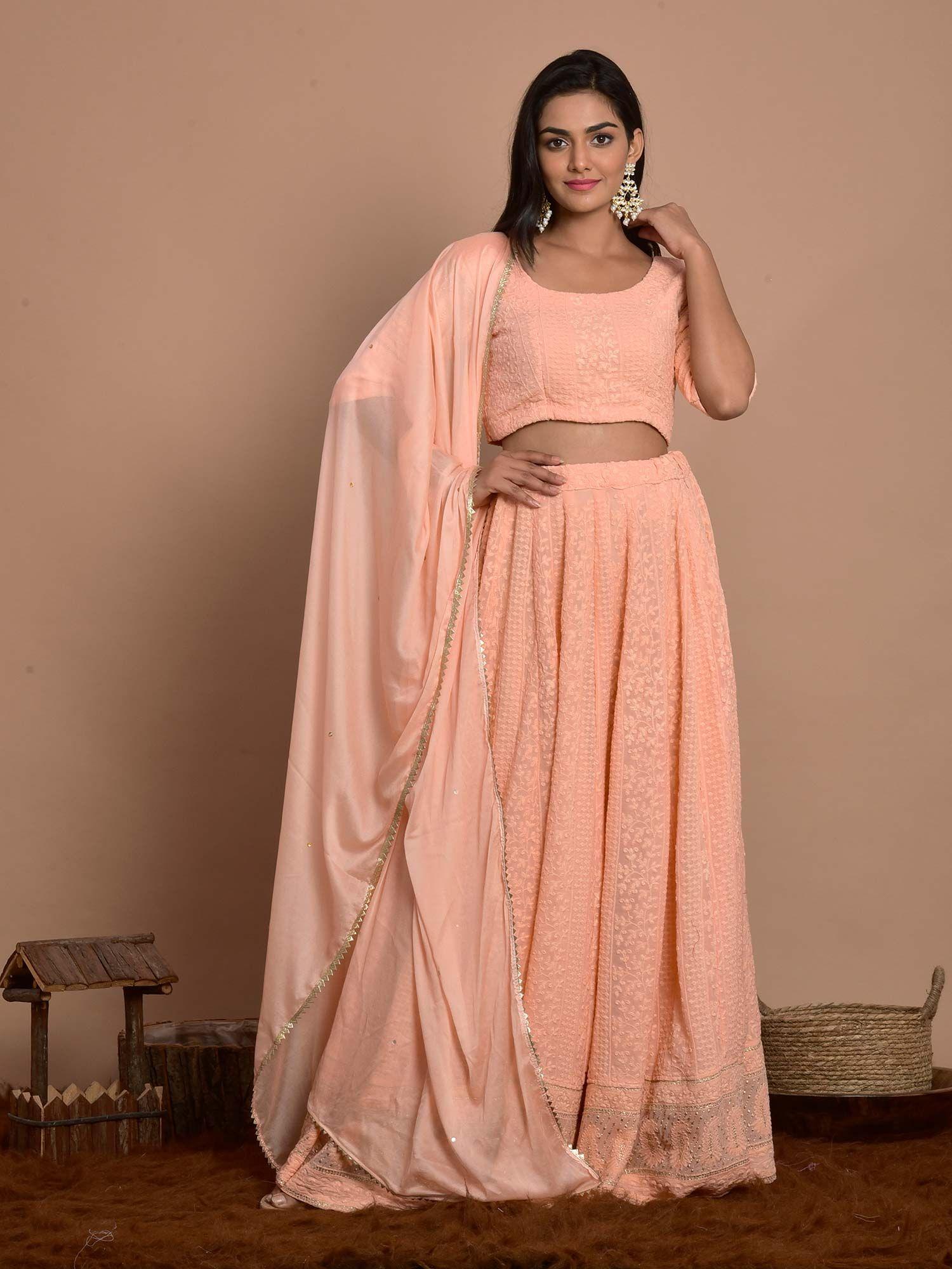 peach embroidery lehenga with blouse & dupatta (set of 3)