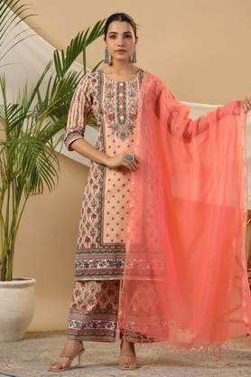 peach ethnic motif printed pure cotton kurta palazzos & kota doria dupatta with beads & sequins - peach