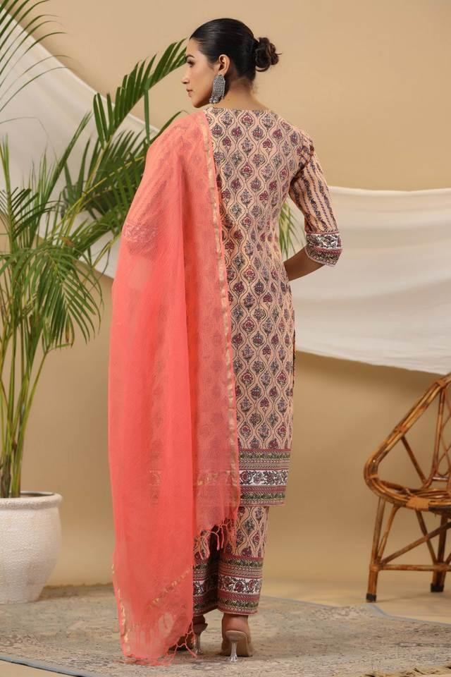 peach ethnic motif printed pure cotton kurta palazzos _ kota doria dupatta with beads _ sequins