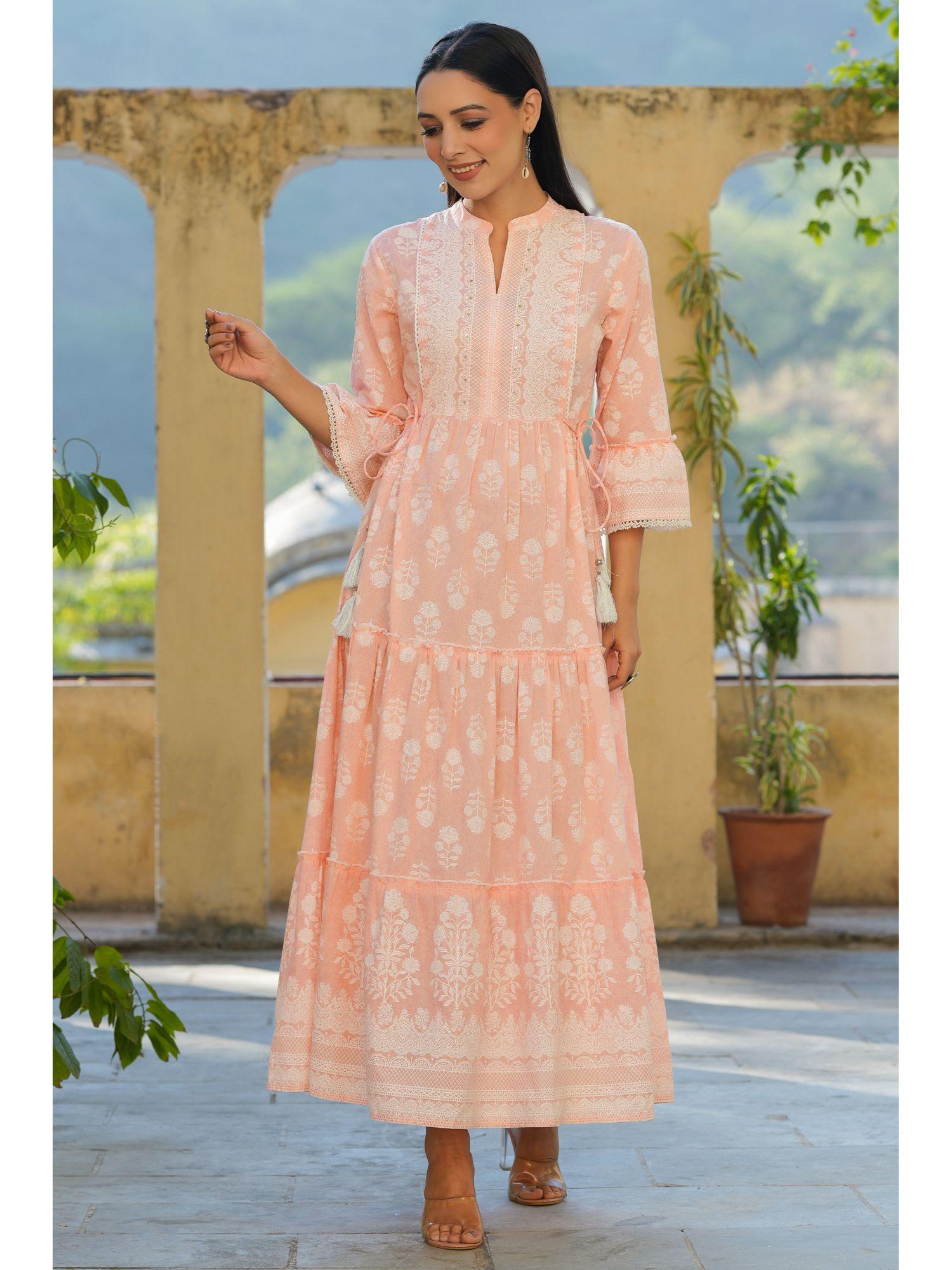 peach ethnic motif printed pure cotton tiered maxi dress with sequins work