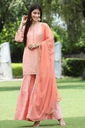 peach ethnic motif printed viscose muslin kurta sharara & net dupatta set. - pink