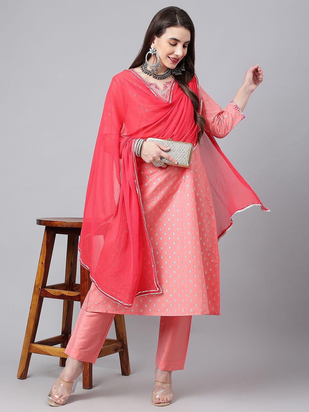 peach ethnic motifs embroidered a-line kurta with solid trousers & dupatta (set of 3)