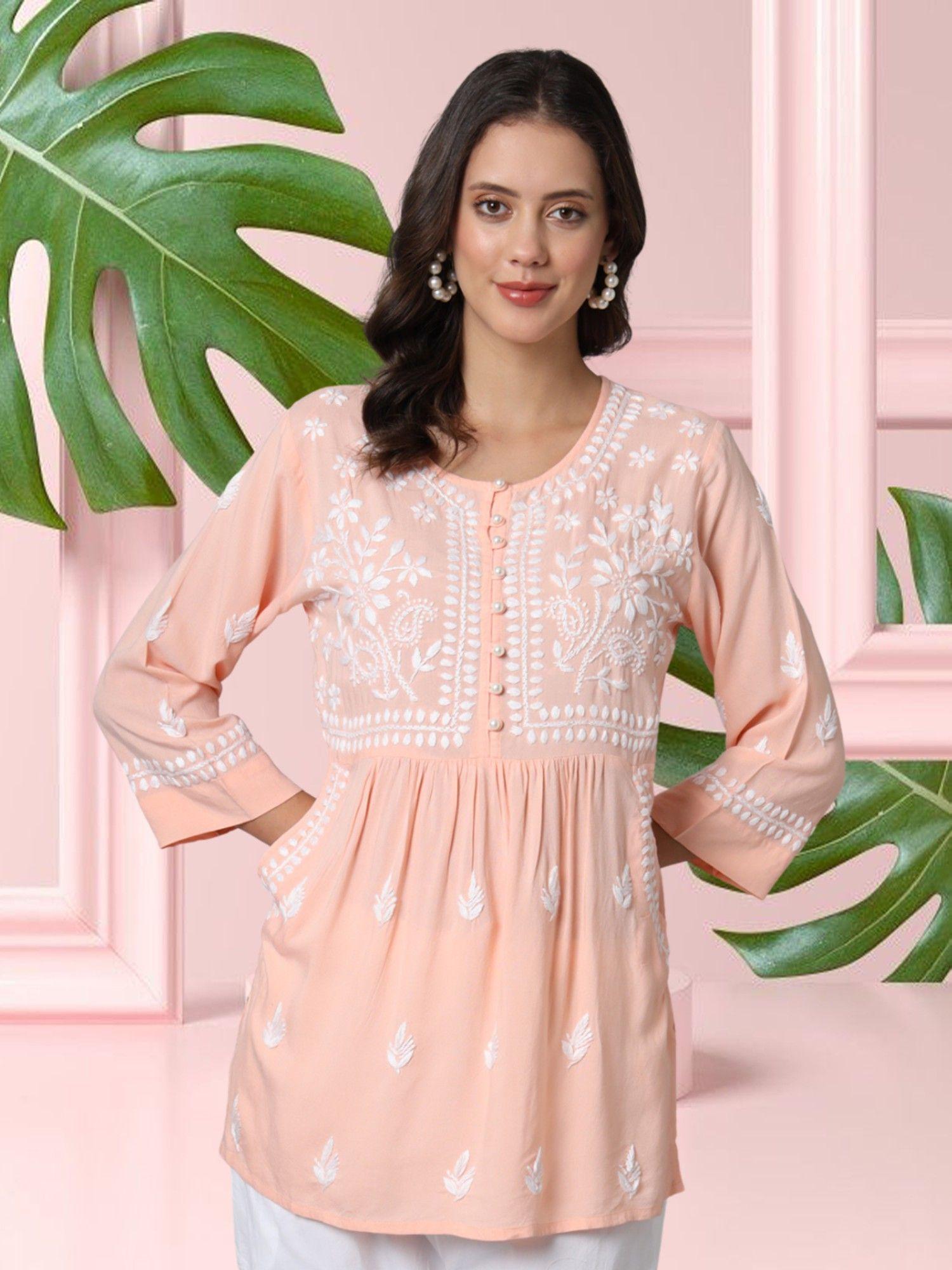 peach ethnic motifs embroidered lucknowi chikankari kurti