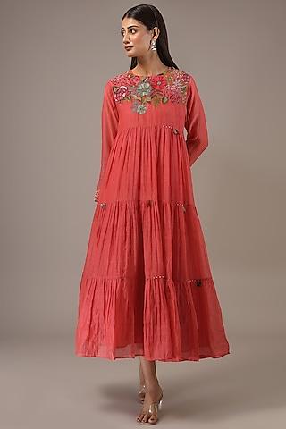 peach fine chanderi hand embroidered dress