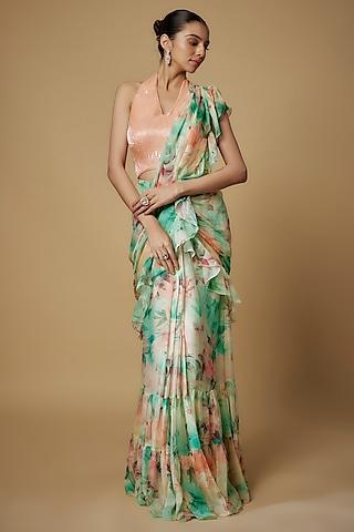 peach flat chiffon floral printed & cutdana embroidered draped saree set