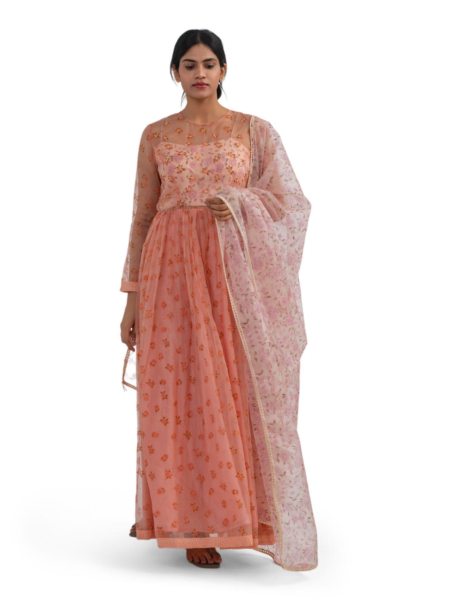 peach floral anarkali kurta with dupatta (set of 2)