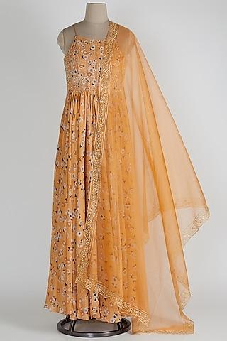 peach floral anarkali with dupatta