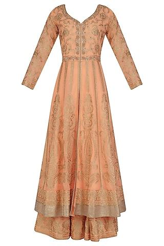 peach floral embroidered anarkali and skirt set