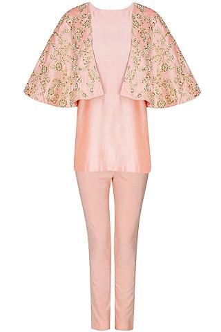 peach floral embroidered cape attached top and pants set