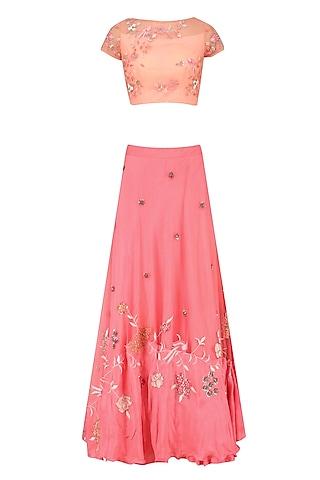peach floral embroidered crop top with rose pink skirt