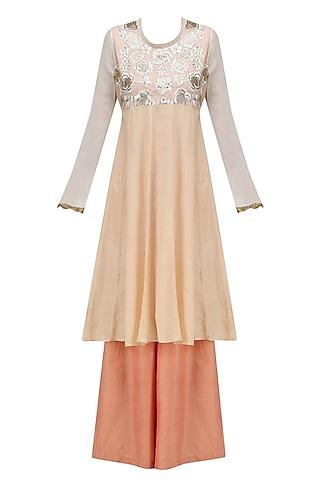 peach floral embroidered kurta and palazzo pants set