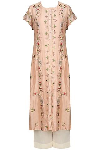 peach floral embroidered kurta with anarkali and palazzo pants set