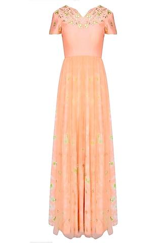 peach floral embroidered marble dyed anarkali set