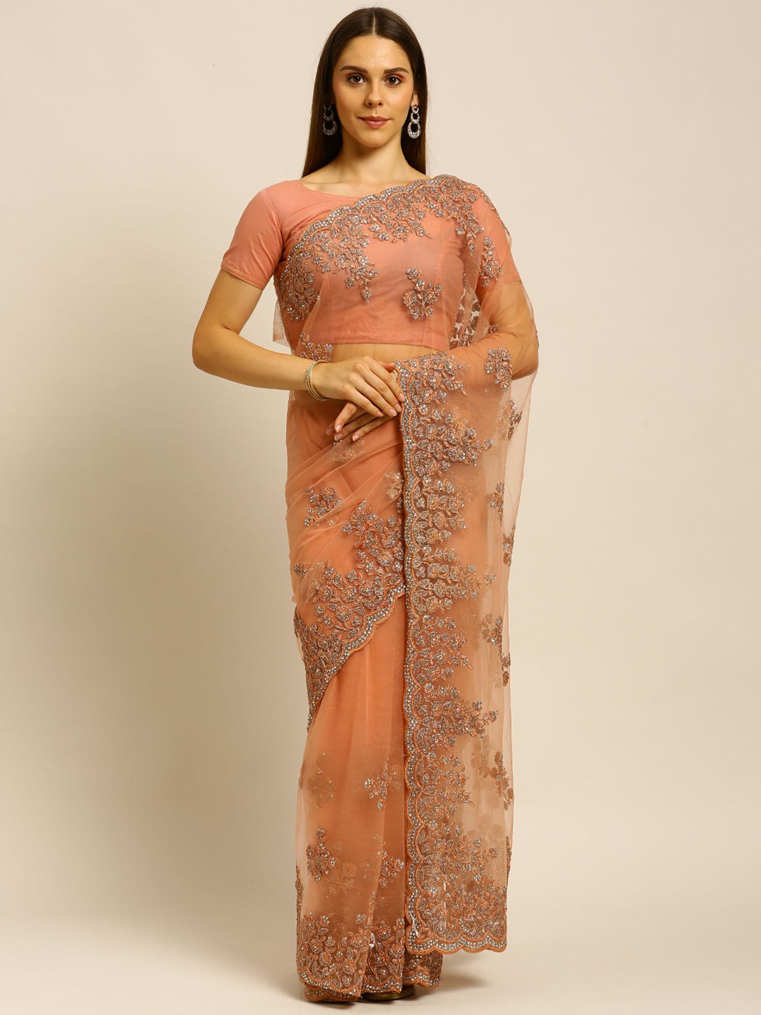 peach floral embroidered net saree with unstitched blouse